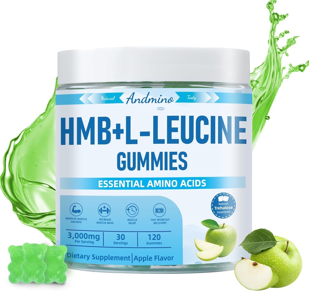 Gommies HMB et L-Leucine, 3000mg, avec Trehalose, pour la croissance musculaire, le soulagement musculaire et la récupération d'entraînement, pour les adultes et les aînés, non OGM, végétalien, sans gluten, saveur de pomme, 120