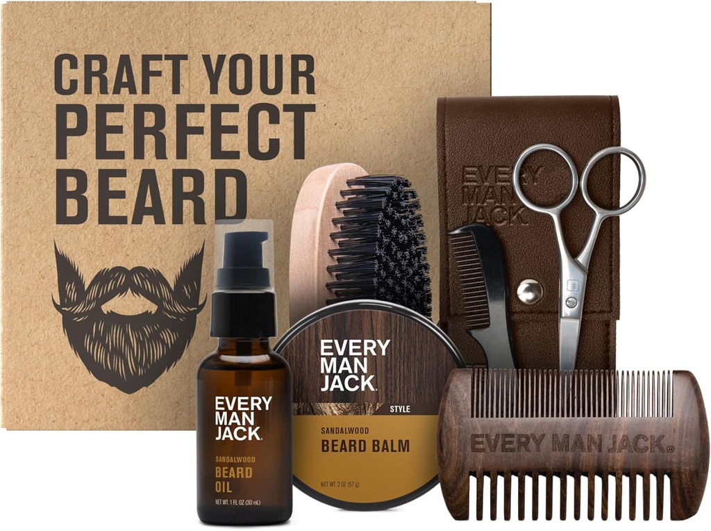 Tous les hommes Jack Barbe Kit pour hommes - Comprend l'huile de barbe de bois de sandale et le baume de barbe, brosse de barbe, peigne double face en bois, ciseaux de trimage et peigne à moustache