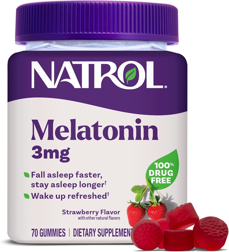 Natrol Melatonin Gummies, soutien du sommeil pour les adultes, supplément de mélatonine de 3 mg pour dormir, 70 gummes aromatisés aux fraises, jusqu'à 70 jours