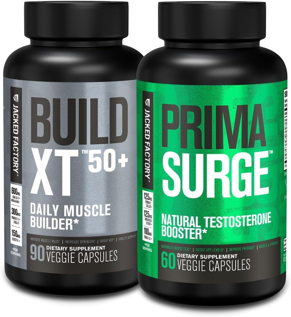 Jacked Factory Build XT 50+ Daily Muscle Builder (90 Capsules) PRIMASURGE Testosterone Booster for Men (60 Capsules) for Vitality, Muscle Growth & Energy