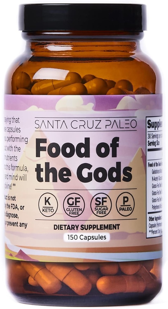 Santa Cruz Paleo Food of The Gods Grass Fed Beef Organ Supplément avec de la glucosamine, os, foie de boeuf, colostrum, racine de maca et aileron, sans gluten, kéto, sans sucre, paléo, 30 portions