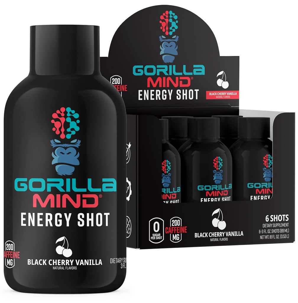 Gorilla Mind Energy Shops (paquet de 6) - Focus et énergie améliorés, sans sucre, à action rapide, formule de Potent avec des vitamines et des extraits naturels (Vanille de cerise noire)
