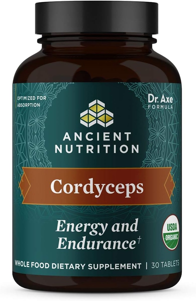 Tablettes Cordyceps biologiques, faites avec Ashwagandha, soutient l'énergie et l'endurance, sans gluten, végétalien, paléo et kéto, 30 comtes