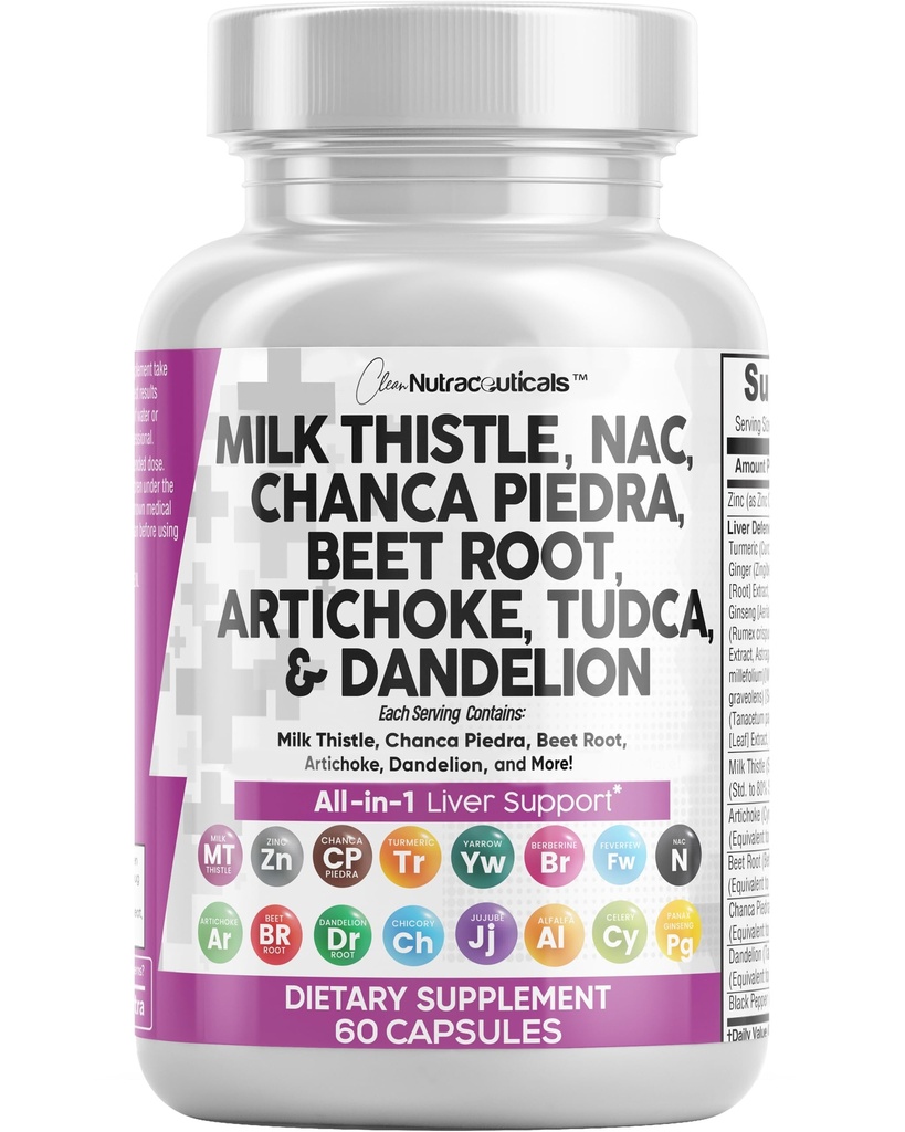 Nettoyer les nutraceutiques Thistle de lait NAC Chanca Piedra Racine Artichaut Astragalus Racine de dandelion - Nettoyer le foie Détox & Supplément de réparation Plus TUDCA Choline & Ginger - 1Pack