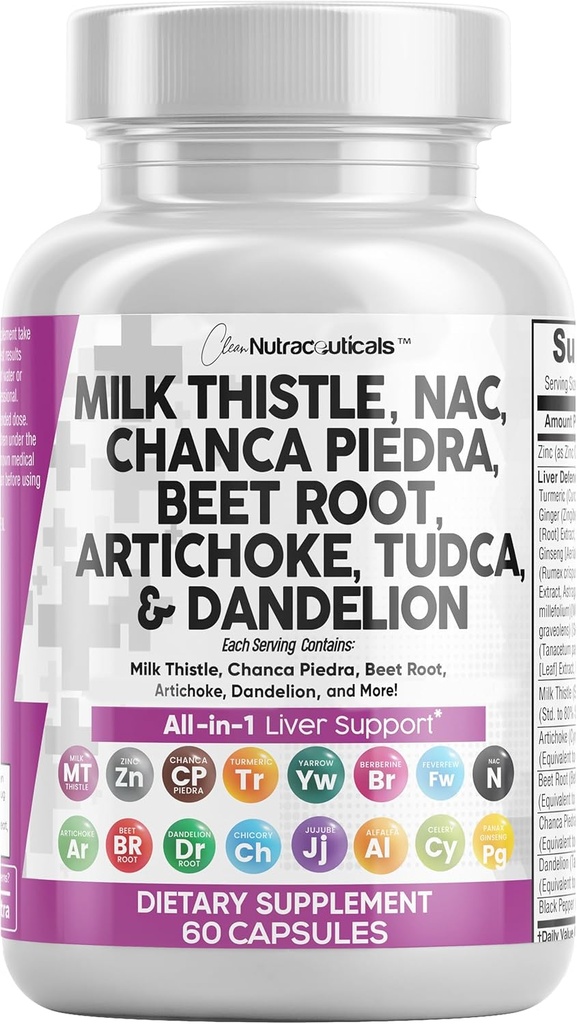 Nettoyer les nutraceutiques Thistle de lait NAC Chanca Piedra Racine de betterave Artichaut Racine de dandelion - foie Nettoyer la désintoxication et le supplément de réparation Plus TUDCA Choline & Ginger 60 Comte