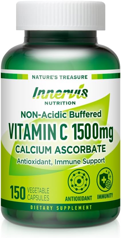 Vitamine non acide douce C 1500mg – Ascorbate de calcium à haute absorption pour le soutien immunitaire et antioxydant – 150 Capsules de Veggie