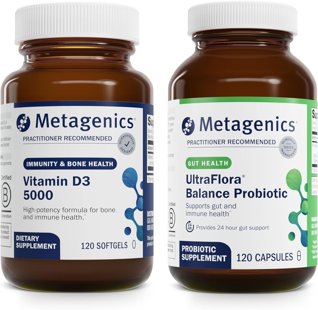 Groupe de métagéniques - D3 5000 & UltraFlora Balance - 120 Softgels de D3 5000 pour le soutien immunitaire, la santé osseuse et la santé cardiaque - 120 Capsules de UltraFlora Balance pour la santé digestive
