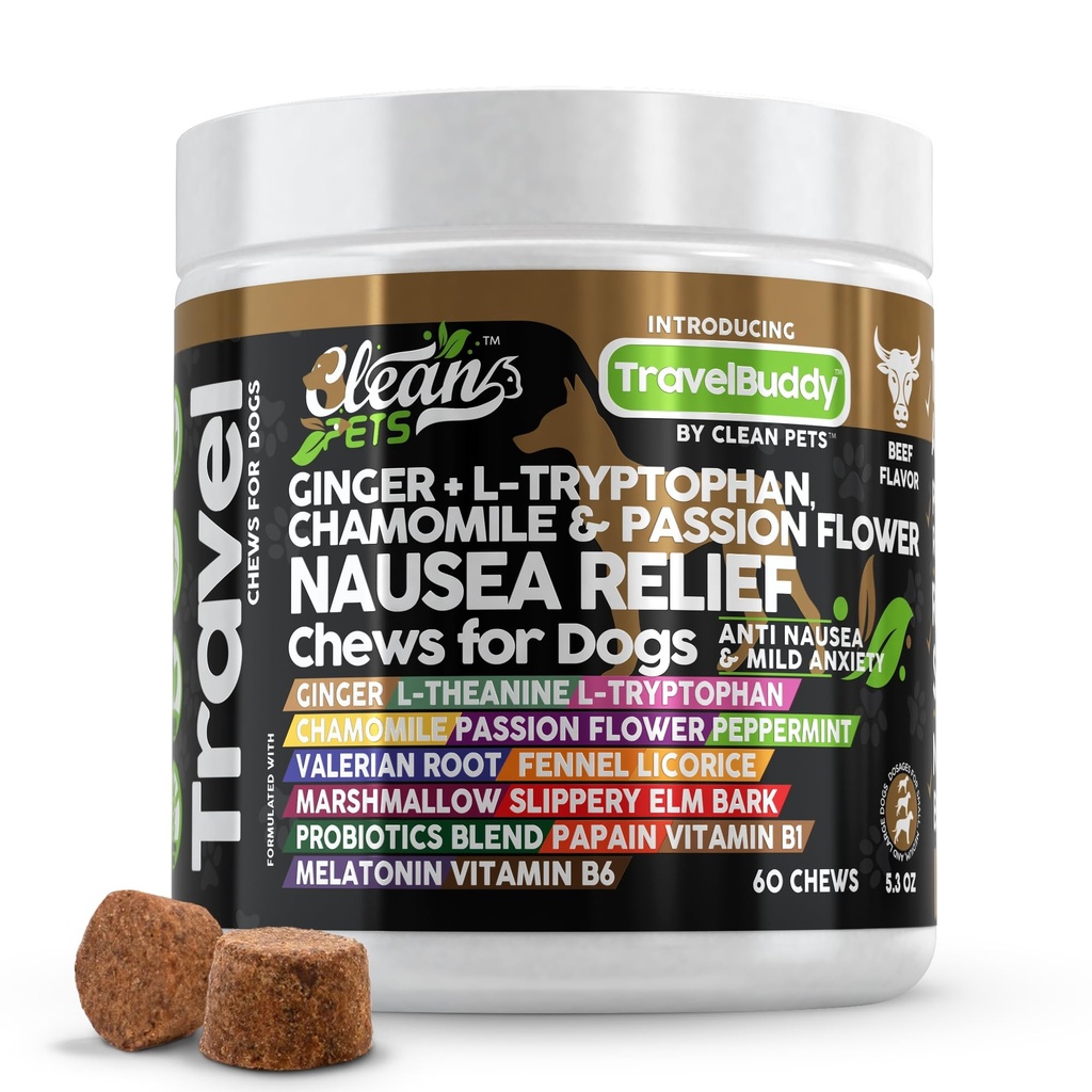 Voyages Mâches Nausées Relief pour chiens Ginger L-Tryptophane Camomille Passion Fleur L-Theanine Menthe Valérie Racine Fenouil Licorice Racine Marshmallow Racine Slipperie Elm Melatonin Chew