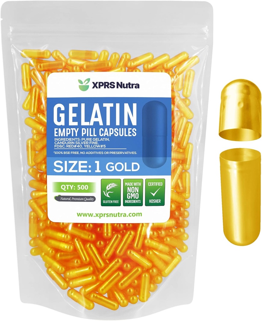 XPRS Nutra Taille 1 Capsules vides - 500 Compte Capsules de gélatine vides - Pills Bricolage Capsule Remplissage - Pure Pilule Gel Caps pour Do-It-Youlf Suppléments (Or)