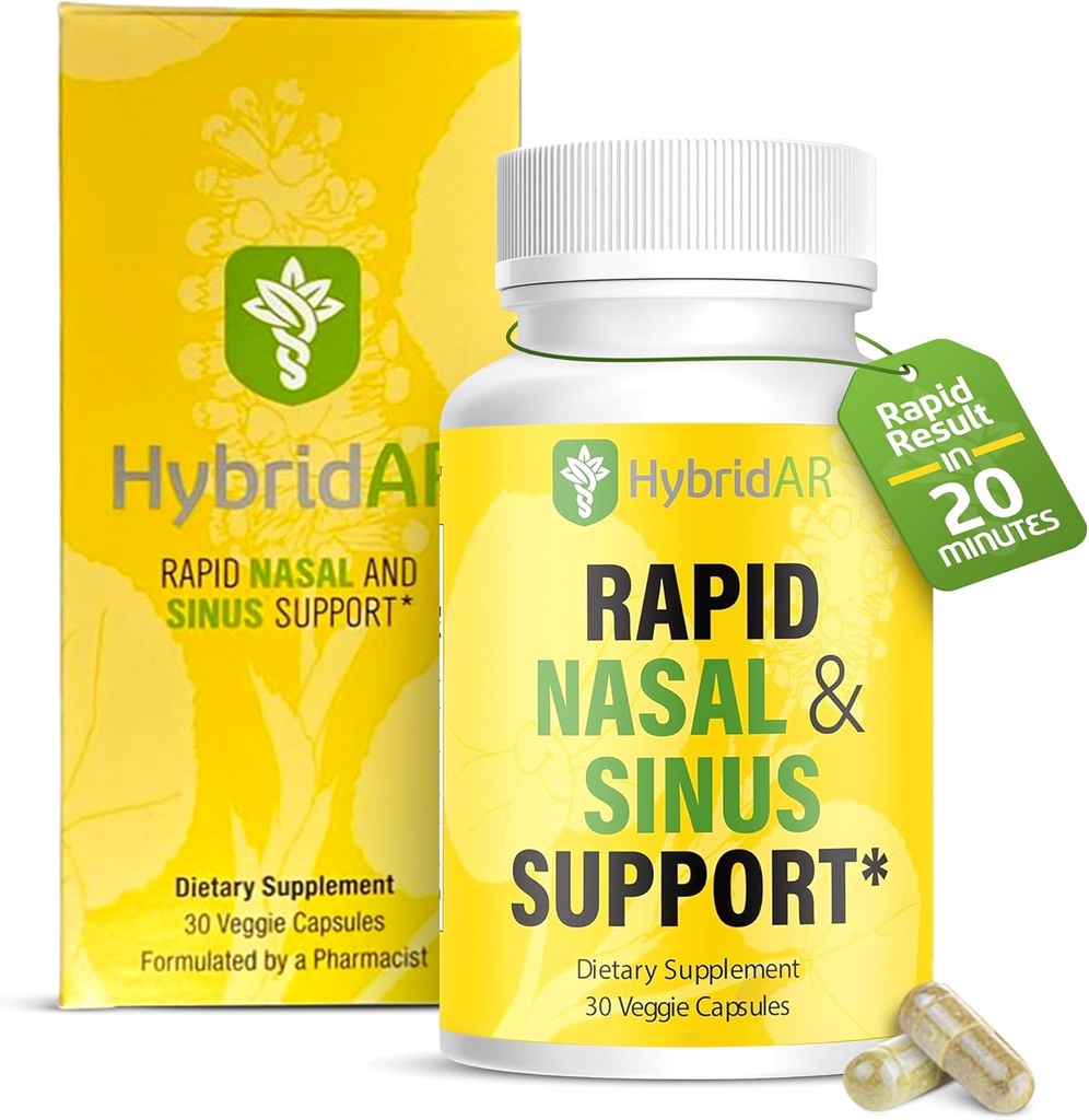 HybridAR Rapid Sinus Relief and Calm – Soutien et médecine rapides sans somnolence - Décongestions naturelles pour adultes avec antihistamine, quercetine et Butterbur pour allergies - 30 capsules