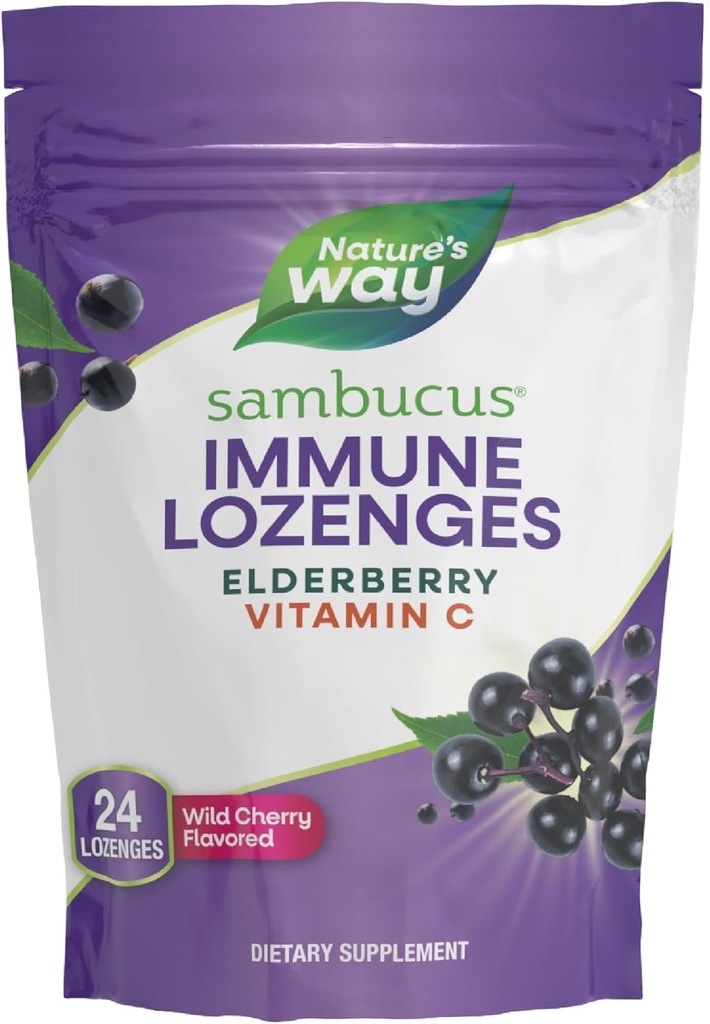 Nature’s Way Sambucus Immune Lozenges, High Potency Vitamin C, Elderberry, Wild Cherry Flavored, 24 Lozenges (Packaging May Vary)