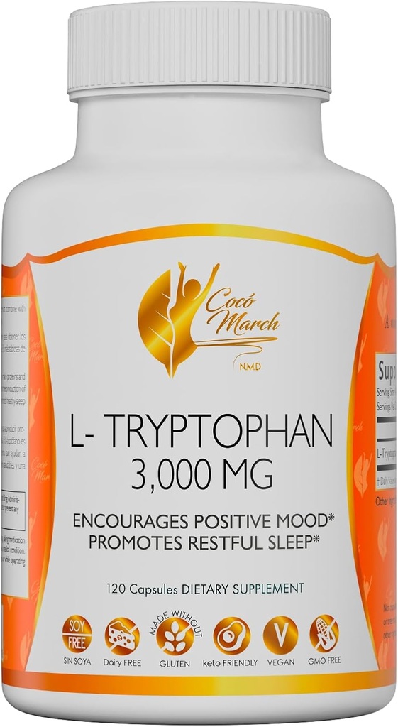 Cocó March N.M.D L-Tryptophane Aide au sommeil 500 mg, sans gluten, végétalien, sans OGM, sans produits laitiers, sans kéto, sans soja - 30 portions