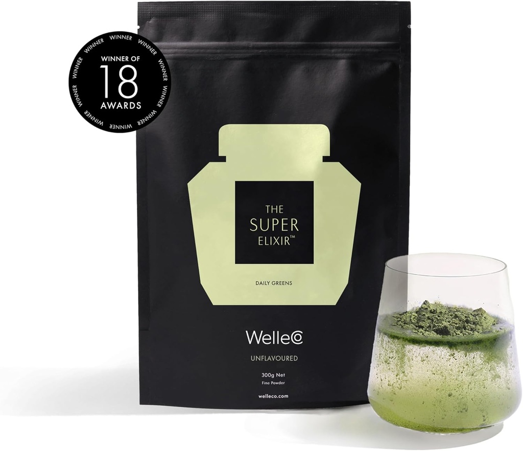 WelleCo La poudre quotidienne Super Elixir Greens, mélange de boisson probiotique avec des aliments entiers, sans gluten, poudre santé Gut végétalien, énergie, immunité, peau saine, cheveux et ongles (300g, non aromatisé)