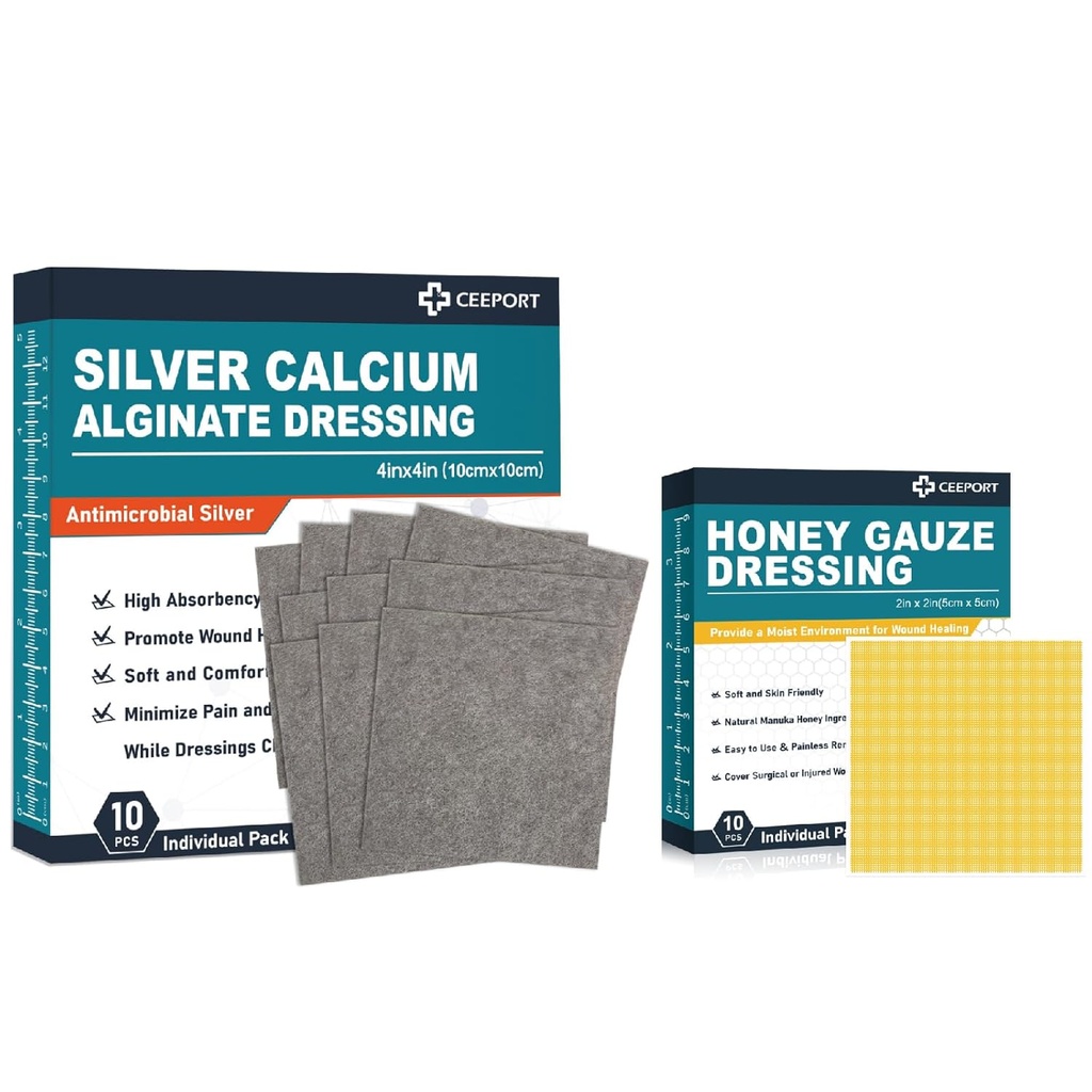 Dressing en algine de calcium argenté (4''x4''10pcs) + Dressing au miel de Manuka(2" x 2" 10pcs)