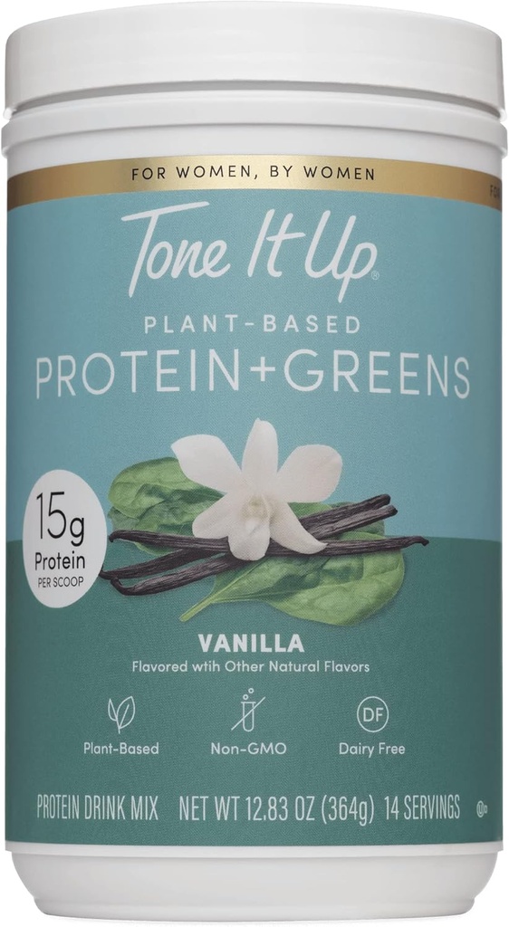 Tone It Up Protéine à base de plantes Poudre + Verts I Sans Lait, Casher, Non-OGM Pois et graines de citrouille Protéine pour femmes I 14 portions, 15g de protéines – Vanille