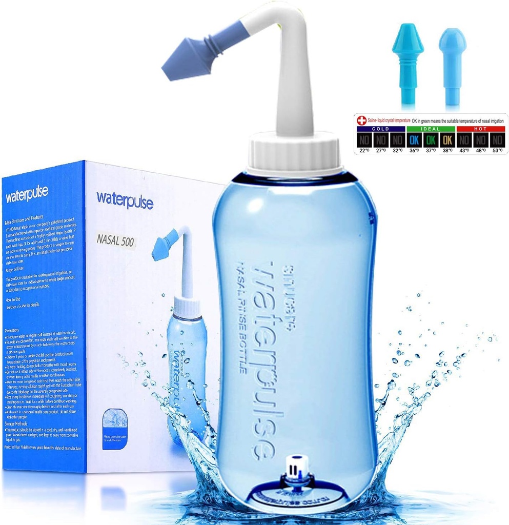 Darate Neti Pot Sinus Rinse Bouteille, Nez Nettoyeur Pression Rincer Irrigation Nasale pour Adulte & Enfant BPA Sans Sticker Thermomètre (500ML)