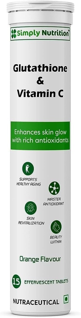 Glutathion avec vitamine C, pour une peau saine et jeune - Même tonus de peau pour les hommes et les femmes. Sans sucre, saveur orange, 15 comprimés effervescents (paquet de 1)