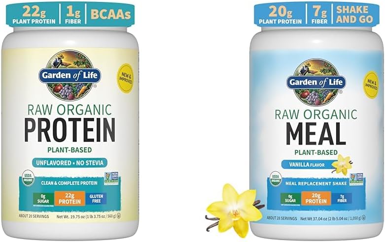 Garden of Life Organic Vegan Unflavored Protein Powder 22g Complete Plant Based Raw Protein & Vegan Protein Powder - Raw Organic Meal Replacement Shakes - Vanilla - Pea Protein