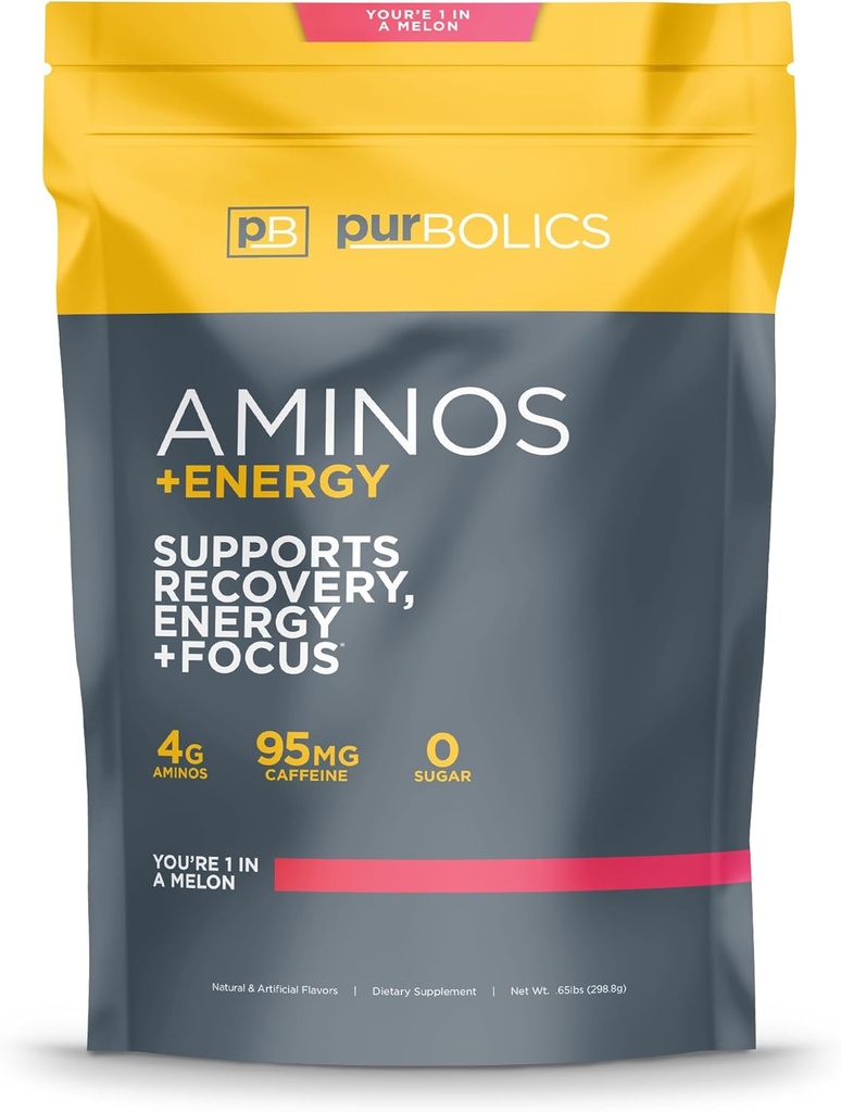 Purbolics Aminos + Énergie , soutient la récupération, l'énergie et le focus , 95mg de caféine, 0 sucre et 60 portions (Vous êtes 1 dans un Melon)