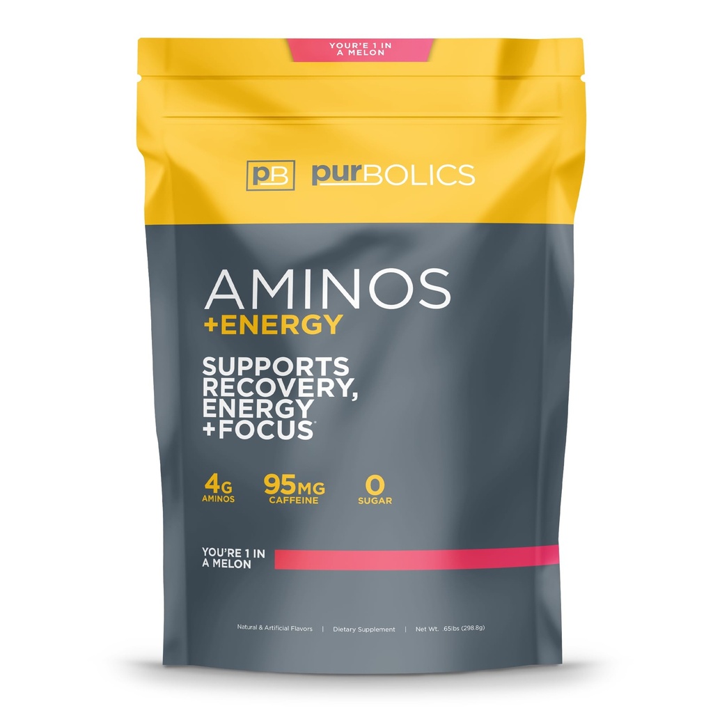 Purbolics Aminos + Énergie , soutient la récupération, l'énergie et le focus , 95mg de caféine, 0 sucre et 60 portions (Vous êtes 1 dans un Melon)