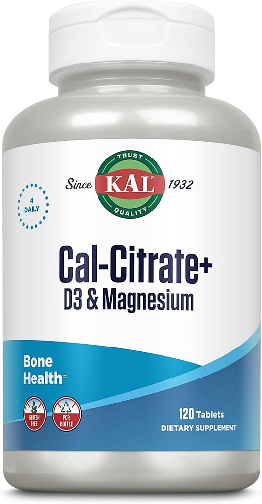 KAL Cal-Citrate+, Calcium Citrate Plus Vitamin D-3 and 500 mg of Magnesium, Healthy Bones and Teeth Support, Gluten Free and Lab Verified for Quality, 30 Servings, 120 Tablets