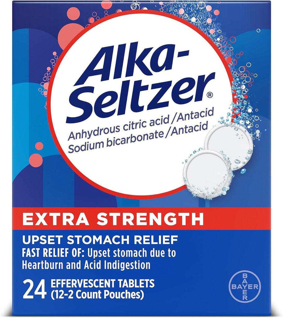 Alka-Seltzer Extra Strength Heartburn Relief Effervescent Antacid Tablets, Fast Indigestion Relief, 24 Ct