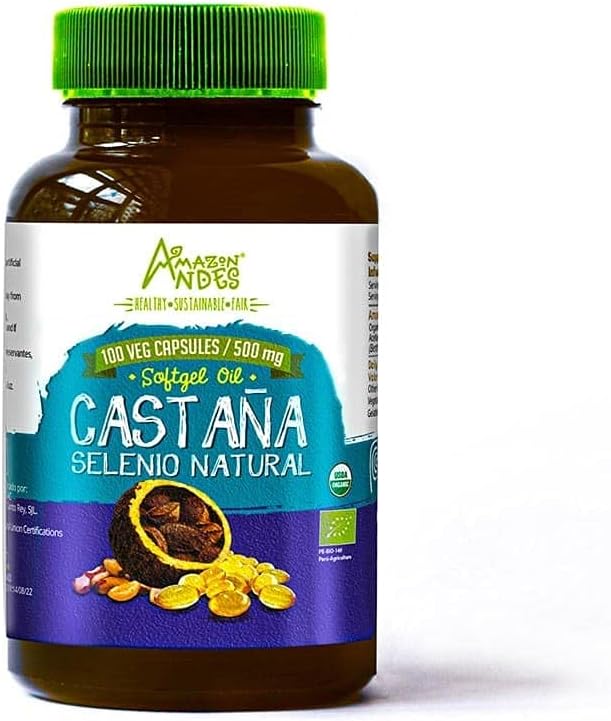 Andes Brazil Nuts Oil Capsules - Riche source de sélénium et de zinc - Récap effet hormonal - végétalien, non-OGM, sans gluten et équitable - 100 pilules Softgel (500mg) - USDA certifié - Fabriqué au Pérou