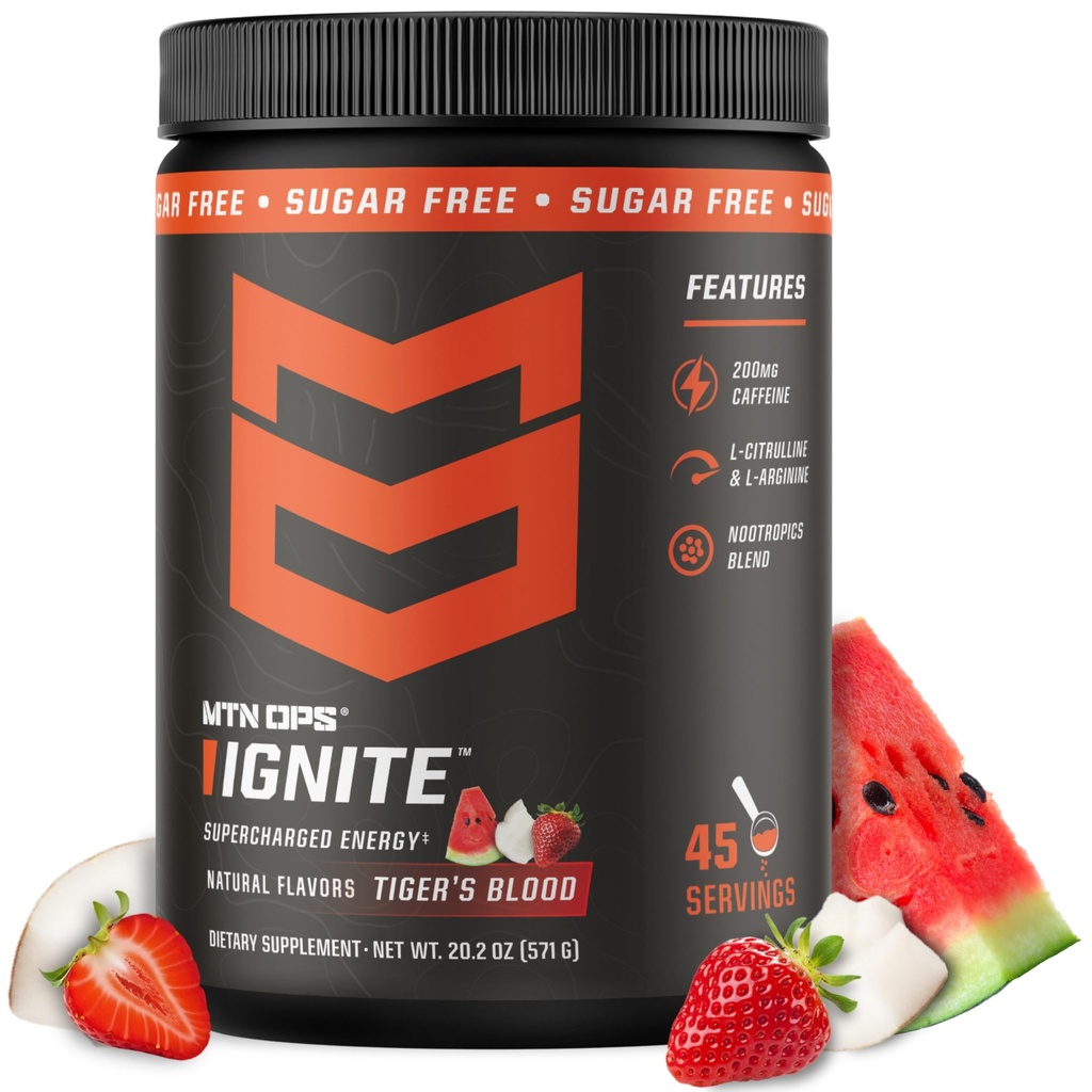 MTN OPS Ignite Energy Drink Poudre, sans gluten Nootropic Supplément Drink Mix, L Arginine, L Citrulline, Caféine et Nootropic Sugar Drink Mix, 45 portions, sang de tigre
