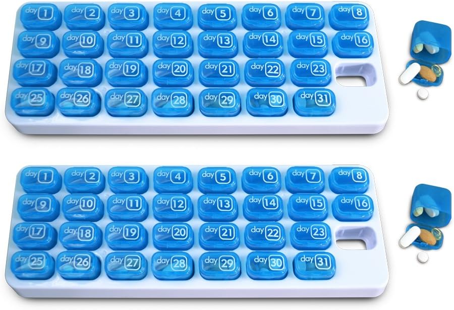 Organisateur mensuel de pilules de 31 jours avec podlines de poche et bac de stockage pour les vitamines, suppléments, maison, travail ou voyage - 2 Pack Blue