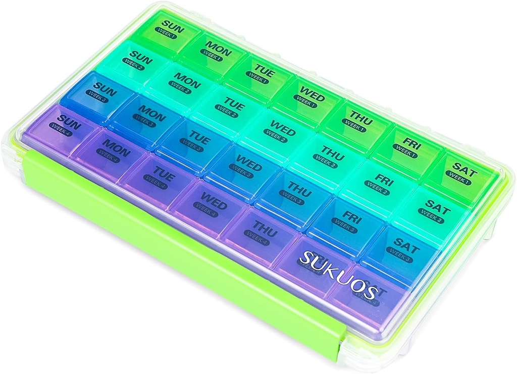 Sukuos Monthly Pill Organizer 4 Week, Grande Pill Box Humidité/Proof cas pour mois Vitamine/Huile de poisson/Suppléments avec couvercle clair, Facile à ouvrir et à nettoyer