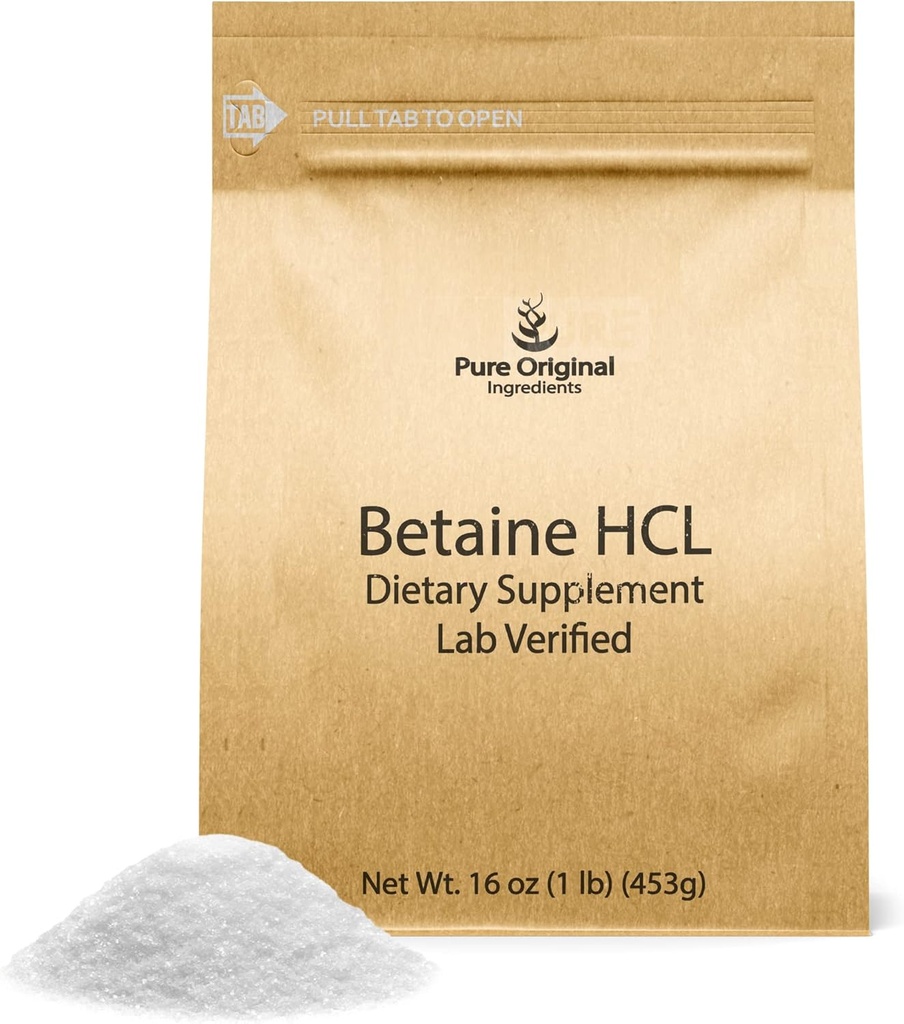 PURE ORIGINAL INGRÉDIENTS Betaine HCL 1 lb, Pas d'additifs ou de charges, Supplément vérifié en laboratoire