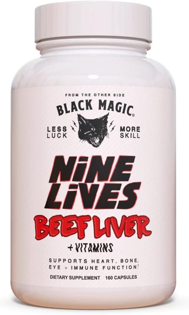 Capsules de foie de boeuf - Black Magic Nine Lives - Supplément foie de boeuf - 2000mg foie de boeuf par portion, supplément foie parfait, source de fer, vitamines A et B12 et bien plus