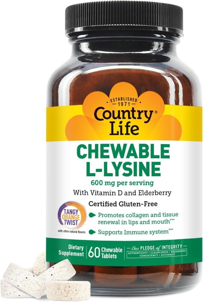 Country Life Supplément L-Lysine à croquer avec vitamine D et sureau, soutien immunitaire et renouvellement du collagène pour tissus cutanés, idéal pour les adultes