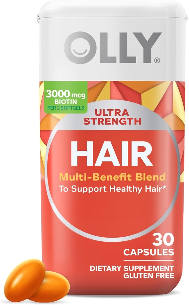 OLLY ultra-fort softgels cheveux, soutient la santé des cheveux, biotine, kératine, vitamine D, B12, complément de cheveux, 30 jours d'approvisionnement - 30 comte (emballage mai vary)