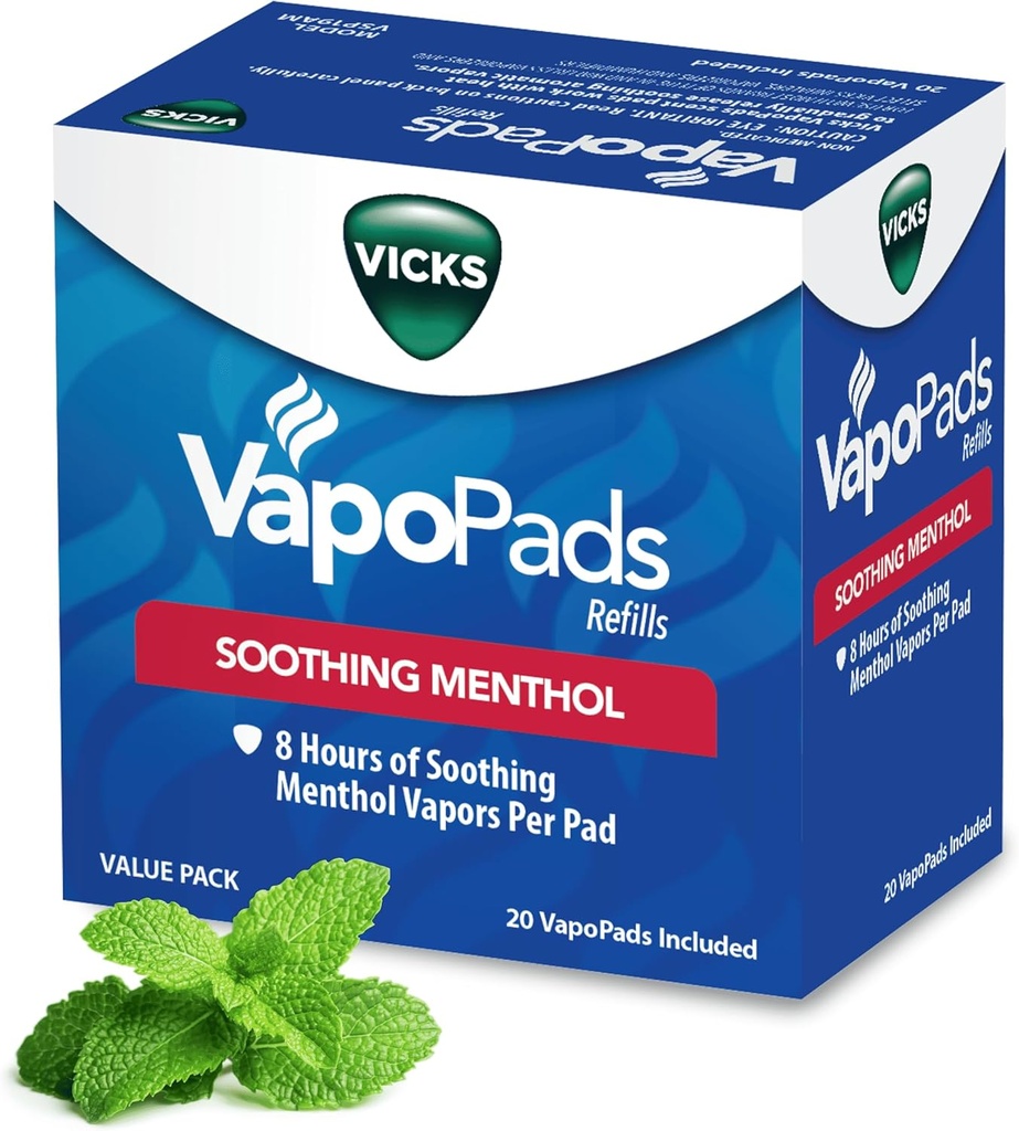 Vicks VapoPads original Menthol Scent - Vapor Pads Recharge pour les humidificateurs Vicks et les inhalateurs à vapeur, Scent Pads pour la congestion et le soulagement de la toux, 20-Pack, boîte couleur mai Vary