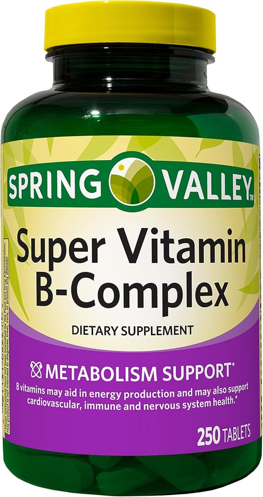 Aug Spring Valley Super Vitamine B-Complex, Métabolisme Support, Comprimés Complément alimentaire, 250 Compte
