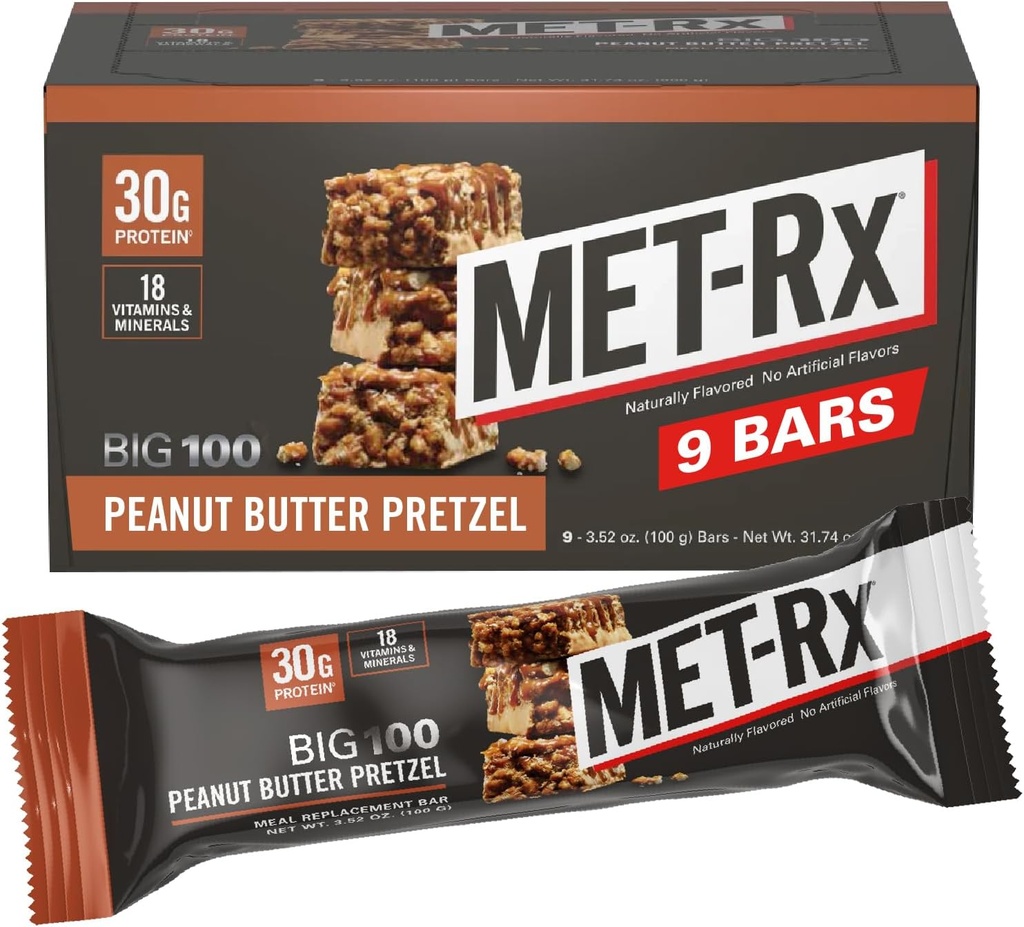 MET-Rx Big 100 Colossal Protein Bars, Great as Healthy Meal Replacement, Snack, and Help Support Energy, Peanut Butter Pretzel, With Vitamin A, Vitamin C, and Zinc, 100 g, (Pack of 9)