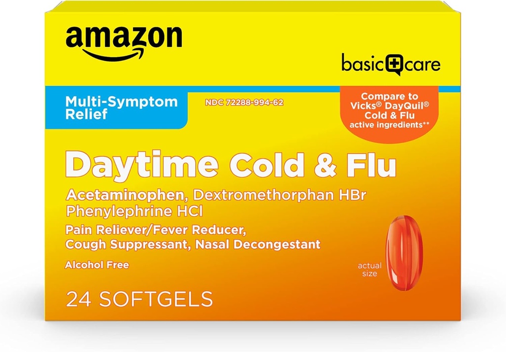 Soins de base Froid de jour et softgels de soulagement de la grippe, médecine froide non somnolente, soulagement de la douleur, fièvre, toux, gorge douloureuse, congestion nasale, 24 comtes