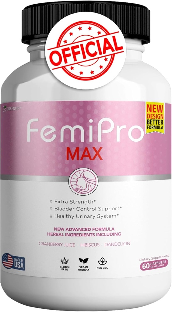 FemiPro MAX Supplément de soutien urinaire pour femmes, 60 capsules, contrôle supplémentaire de la vésicule avec canneberge, Hibiscus, Dandelion, Vegan, Sans gluten (1)