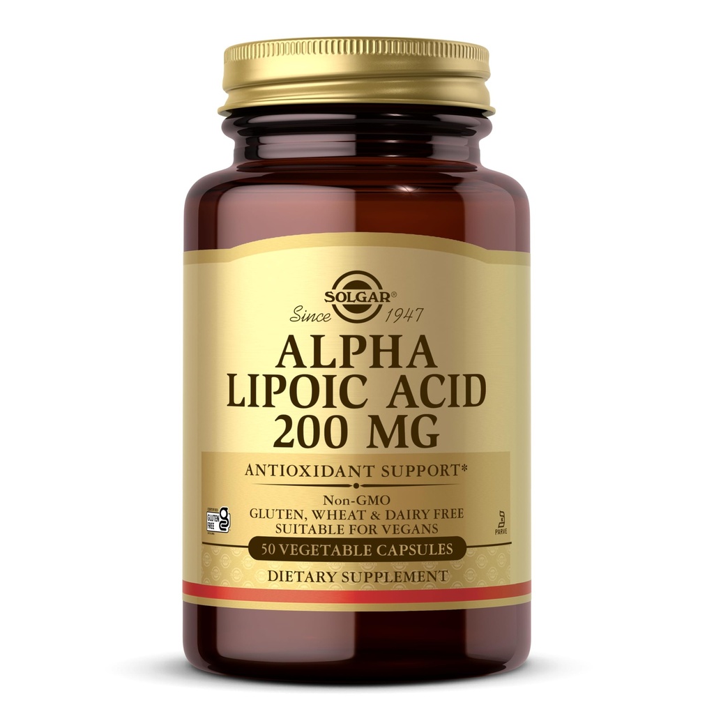 Solgar Alpha Acide lipoïque 200 mg, 50 capsules végétales - Soutien antioxydant - Aide à recycler le glutathion, vitamine C et E, CoQ-10 - Non-OGM, végétalien, sans gluten, sans produits laitiers, sans casher - 50 portions