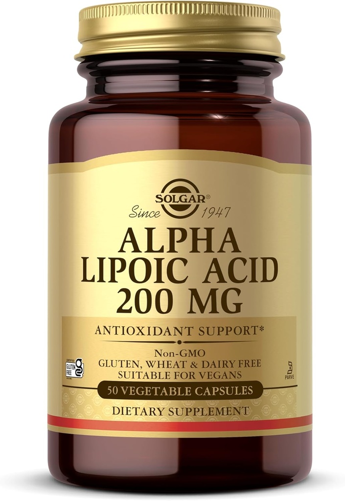 Solgar Alpha Acide lipoïque 200 mg, 50 capsules végétales - Soutien antioxydant - Aide à recycler le glutathion, vitamine C et E, CoQ-10 - Non-OGM, végétalien, sans gluten, sans produits laitiers, sans casher - 50 portions