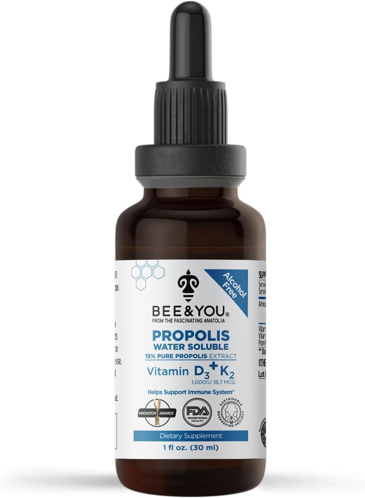 BEE and You Liquid Propolis Extract, Water Soluble, Vitamins D3+K2, High Potency, Immune Support Supplement, Sore Throat Relief, Antioxidants, Keto, Paleo, Gluten-Free, 1 Fl Oz (1 Pack)