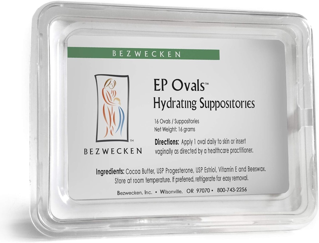 Bezwecken E.P. Ovales – 16 Suppositoires Ovales - Formule professionnelle pour atténuer la sécheresse vaginale chez les femmes ménopausées - Mélange unique de progestérone et d'estriol - Lubrification vaginale naturelle