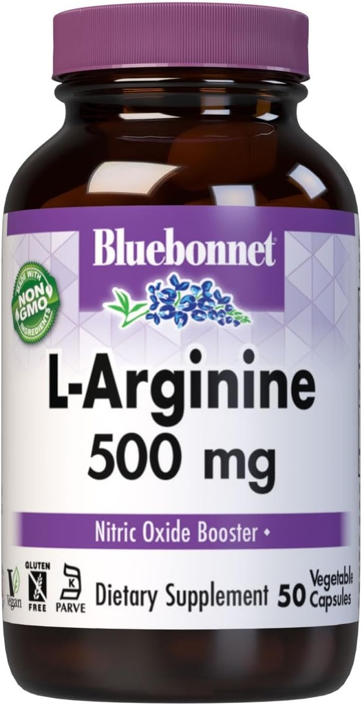 Bluebonnet Nutrition L-Arginine 500mg, acide amino de forme libre, précurseur à oxyde nitrique, sans soja, sans gluten, sans OGM, certifié Casher, 50 capsules végétales, 50 portions