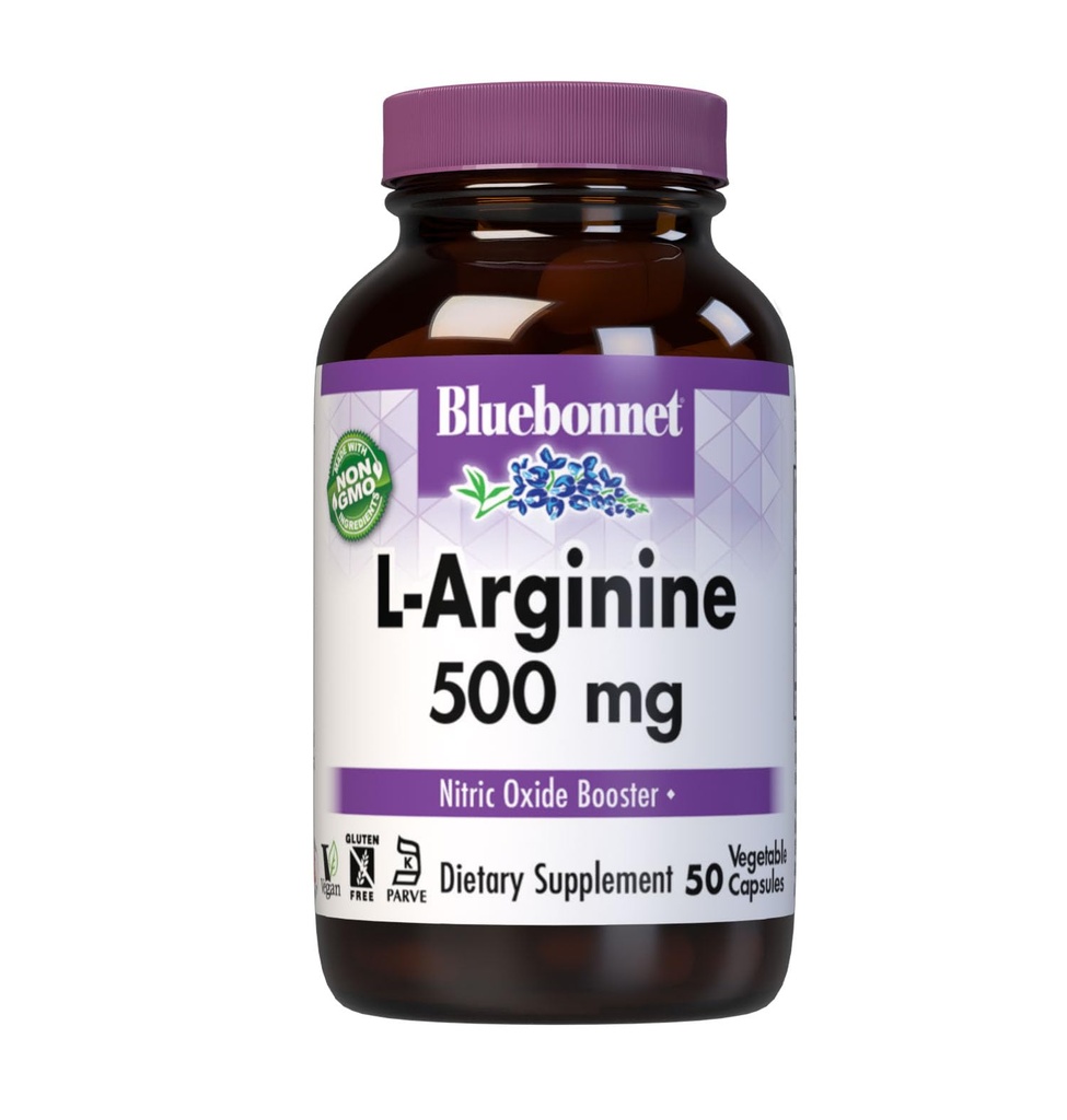 Bluebonnet Nutrition L-Arginine 500mg, acide amino de forme libre, précurseur à oxyde nitrique, sans soja, sans gluten, sans OGM, certifié Casher, 50 capsules végétales, 50 portions