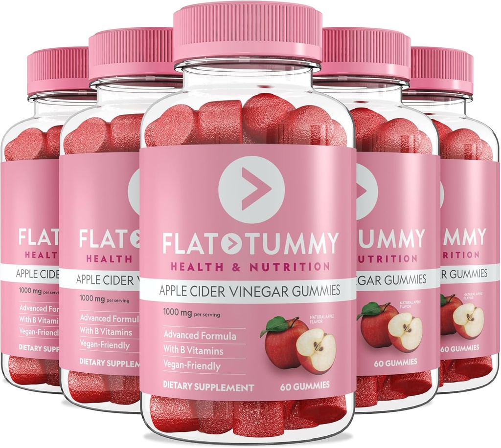 Flat Tummy Cider Vinegar Gummies, 60 Compte (5 Pack) – Gommies de vinaigre de cidre de pomme, Detox, Soutien Gut Health – Vegan-friendly, Non-OGM - Bette et grenade Superfood Poudres, Vitamines B6, B9 & B12