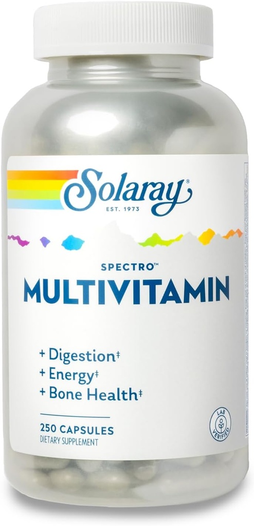 Solaray Spectro Multivitamine avec Fer - Multivitamine avec Calcium, Magnésium, Verts énergisants, Herbes et enzymes digestives - Digestion, énergie, et Bone Health Support (41 Serv, 250 CT)