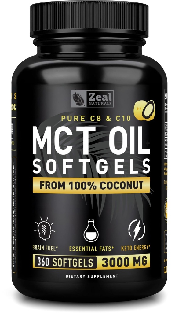 Capsules d'huile MCT pures (360 Softgels) 3000mg 4 mois d'approvisionnement Pilules kéto w noix de coco non raffinées - C10 & C8 Cerveau Carburant, énergie, octane Ketose