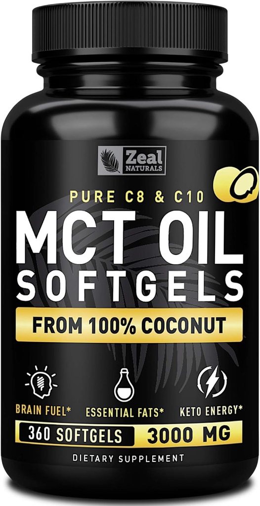 Capsules d'huile MCT pures (360 Softgels) 3000mg 4 mois d'approvisionnement Pilules kéto w noix de coco non raffinées - C10 & C8 Cerveau Carburant, énergie, octane Ketose