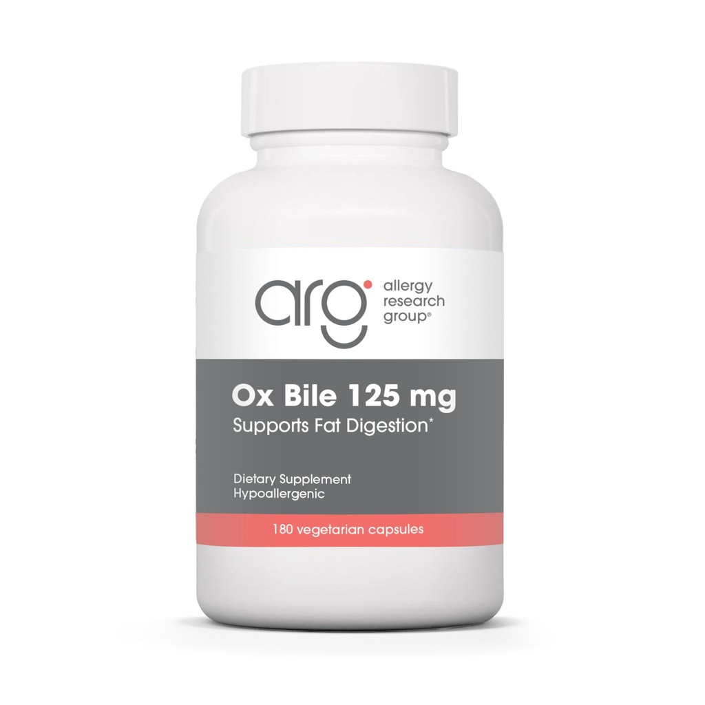 Allergy Research Group Ox Bile 125 mg - Suppléments Biles à Ox pour Gallbladder, Enzymes digestifs pour foie, Soutien de la digestion des graisses, pour les hommes et les femmes, Formule hypoallergénique - 180 Vegicaps